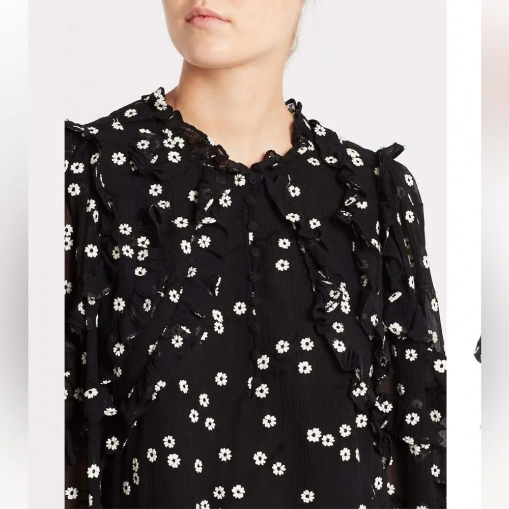 Rebecca Taylor Black & White Alessandra Ruffle Top Size 0 - Picture 2 of 15